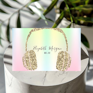 Carte De Visite Casque DJ Paillettes Or Iridescent Holographique