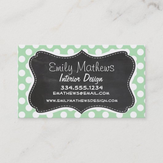 Carte De Visite Celadon Green Pois ; Chalkboard look (Devant)