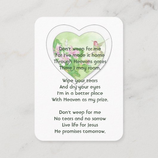 Carte De Visite Célébration chrétienne de la vie, Service Hummingb (Dos)