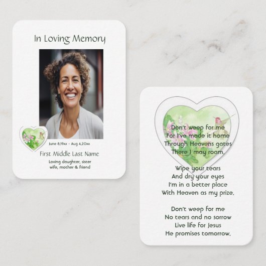 Carte De Visite Célébration chrétienne de la vie, Service Hummingb (Devant / Derrière)