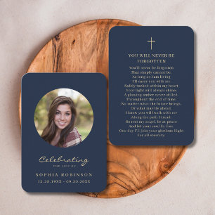 Carte De Visite Célébration de la vie Photo Funeral Gold Blue Card