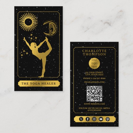 Carte De Visite Celestial Tarot Logo Yoga Healer Black Gold  (Devant / Derrière)
