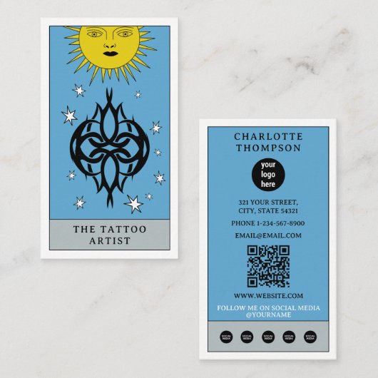 Carte De Visite Celestial Tarot Sun Tattoo Artist Piercer Logo (Devant / Derrière)