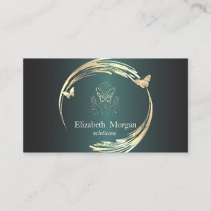 Carte De Visite Cercles dorés chic papillons vert foncé