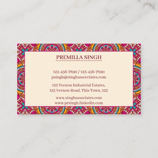 Carte De Visite Cerise mandala rangoli motif ethnique dynamique (Dos)