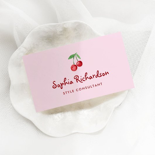 Carte De Visite Cerises rétro rose Whimsical | Code QR
