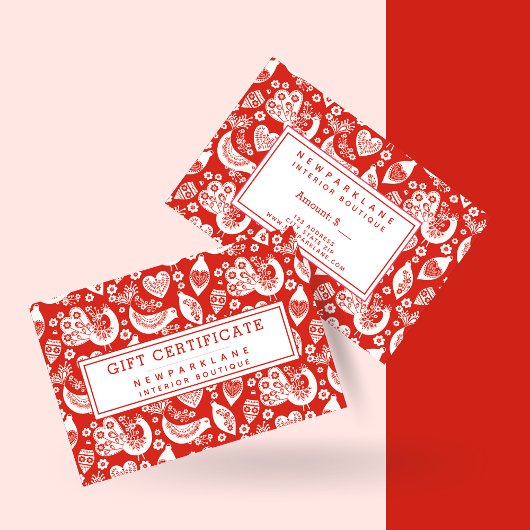 Carte De Visite Certificat-cadeau de Noël scandinave rouge à motif