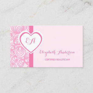 Carte De Visite Certifié Beautician Girly Pink Heart Monogramme