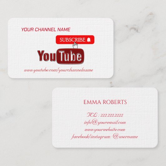 Carte De Visite Chaîne YouTube, Youtubeur (Devant / Derrière)