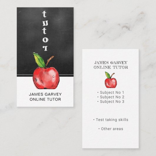 Carte De Visite Chalkboard Aquarelle Apple Tutor Enseignant (Devant / Derrière)