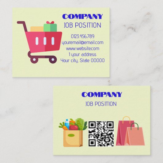 Carte De Visite Charmant code QR chariot de courses pour le commer (Devant / Derrière)
