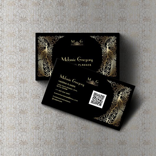 Carte De Visite Charme QR Code Gold Art Déco Peacocks Professionne