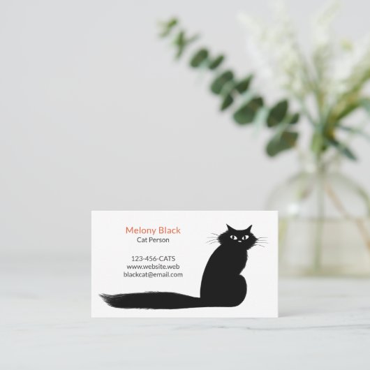 Carte De Visite Chat à chaton noir Longhané avec longue queue (Debout devant)