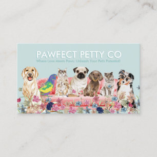 Carte De Visite Chat Chien Oiseau Fleurs Aquarelle Verte