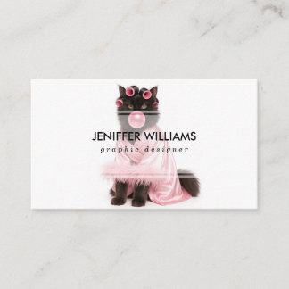 Carte De Visite Chat dans une robe rose avec bigoudis et bubble-gu