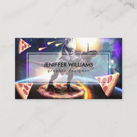 Carte De Visite Chat équitation dinosaure licorne dans l'espace (Devant)