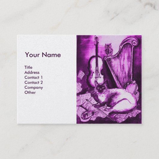 Carte De Visite CHAT MUSICAL, papier perle violet et blanc (Devant)