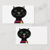 Carte De Visite Chat noir aux yeux verts et col rose (Devant / Derrière)