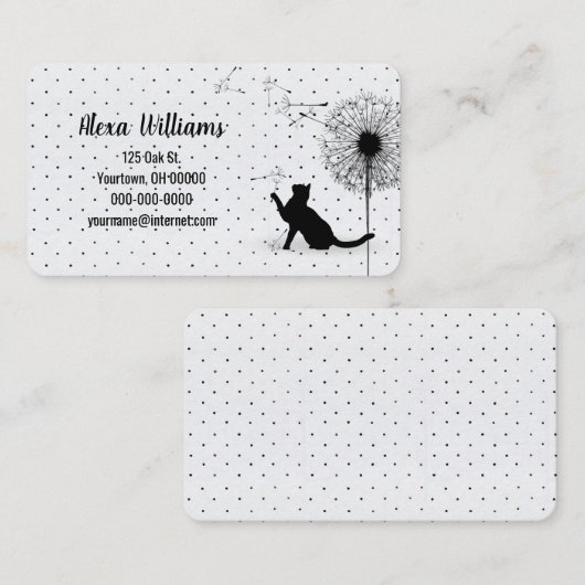 Carte De Visite Chat noir avec Dandelion sur des points d'épine (Devant / Derrière)