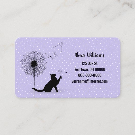 Carte De Visite Chat noir avec dandelion sur violet (Devant)