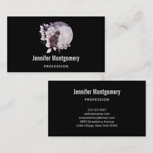 Carte De Visite Chat noir devant une Pleine lune magique (Devant / Derrière)