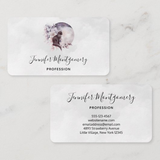 Carte De Visite Chat noir devant une Pleine lune magique (Devant / Derrière)