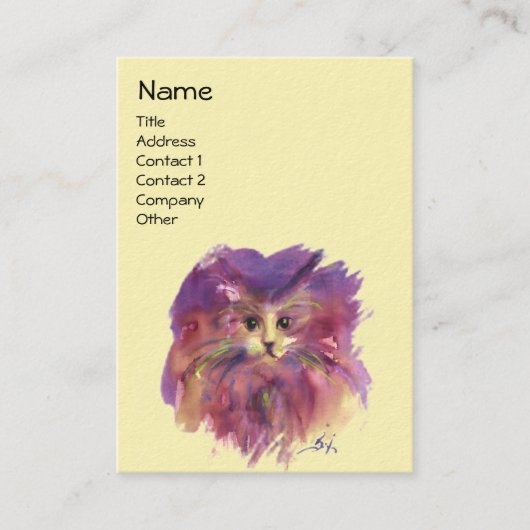 CARTE DE VISITE CHATON JAUNE VIOLET, PORTRAIT DE CHAT (Devant)
