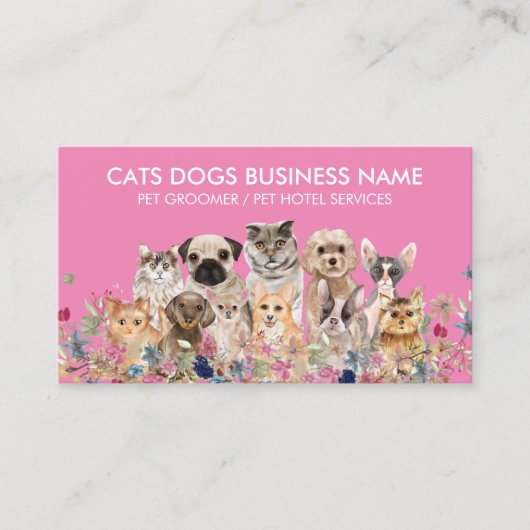 Carte De Visite Chats Floraux Rose Chiens Groomer (Devant)