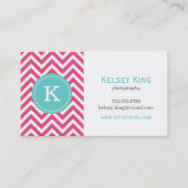 Carte De Visite Chaud rose et turquoise Chevron Monogramme (Devant)