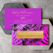 Carte De Visite Chaud rose violet or tropical palme script moderne