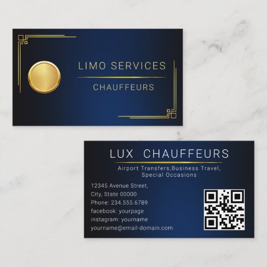 Carte De Visite Chauffeur Moderne Code QR Bordure Or Royale (Devant / Derrière)