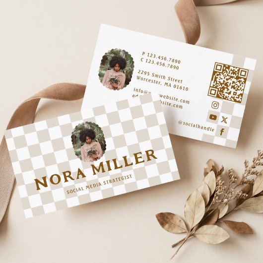 Carte De Visite Checkered Pattern Social Media Influencer Photo QR