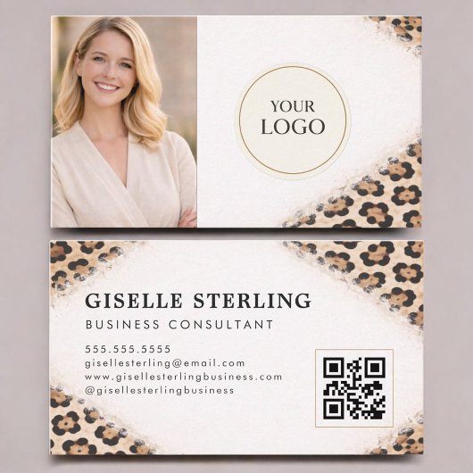 Carte De Visite Cheetah Leopard Print Logo Photo QR Code