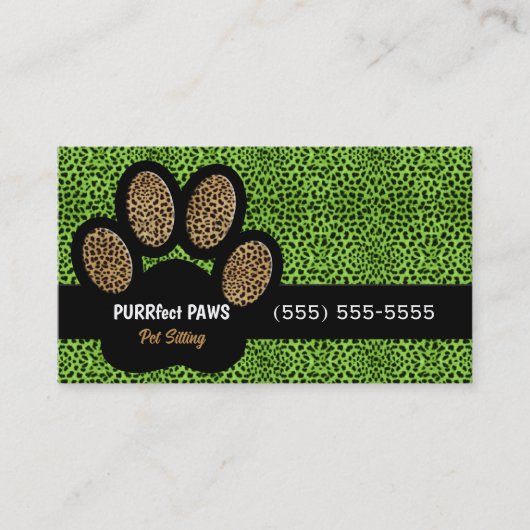 Carte De Visite Cheetah vert Imprimer Paw Pet Sitter personnalisé (Devant)