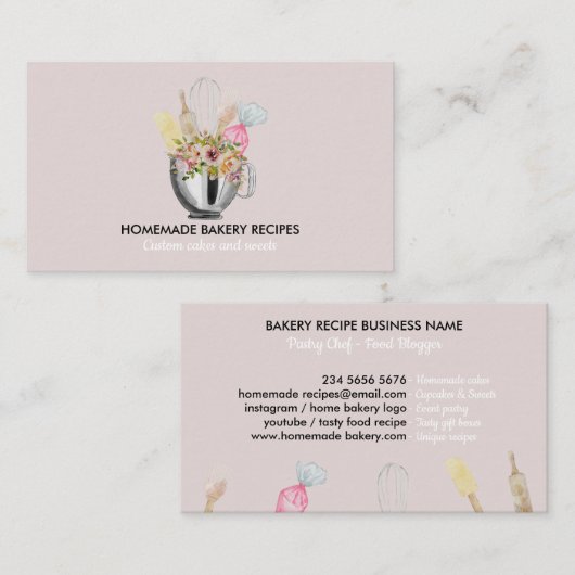 Carte De Visite Chef Cuisinier Rose Aquarelle Cuisson Ustensiles b (Devant / Derrière)