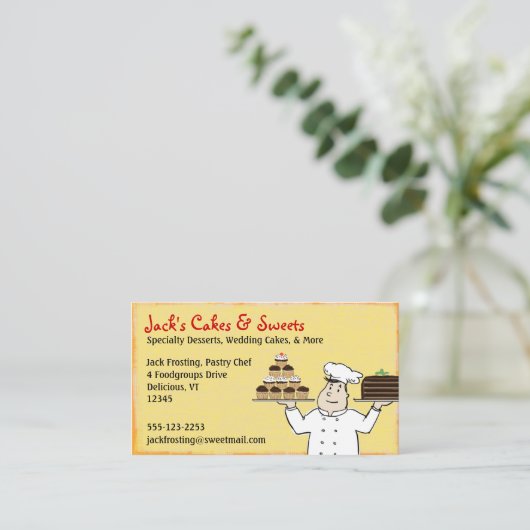 Carte De Visite Chef pâtissier avec gâteaux et cupcakes Fun Bakou (Debout devant)