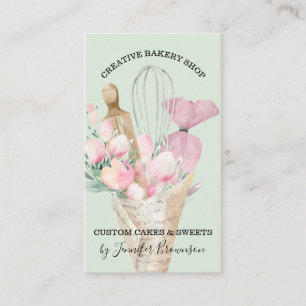 Carte De Visite Chef Pâtissier Boulangerie Verte Fleurs Roses Boho