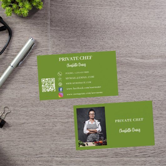 Carte De Visite Chef privé basil vert photo restauration code QR
