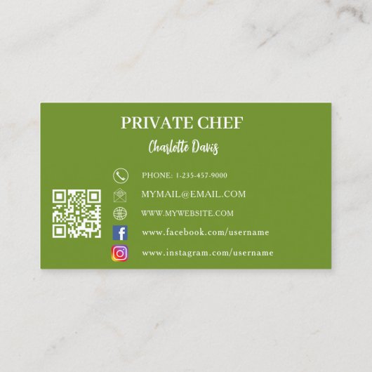 Carte De Visite Chef privé basilic arche photo verte code QR (Dos)