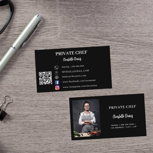 Carte De Visite Chef privé noir blanc photo traiteur code QR