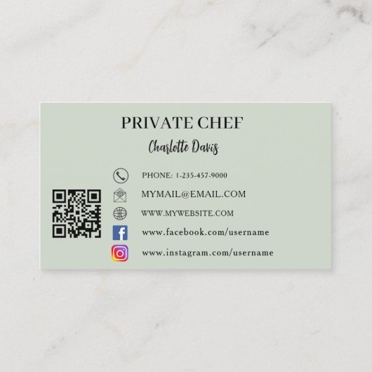 Carte De Visite Chef privé sauge vert photo arche code QR (Dos)