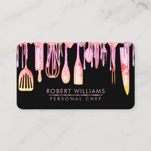 Carte De Visite Chef Rose Cuisine Outils Parties scintillant Faux  (Devant)