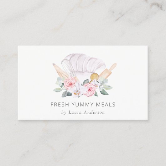 Carte De Visite Chef rose pâle Casquette Restauration Floral Rolle (Devant)