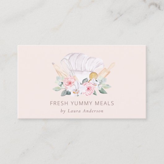 Carte De Visite Chef rose pâle Casquette Restauration Floral Rolle (Devant)