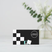 Carte De Visite Chessboard noir blanc Turquoise avec logo et photo (Debout devant)