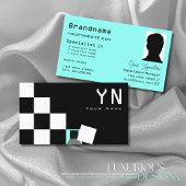 Carte De Visite Chessboard noir blanc Turquoise avec Monogramme et