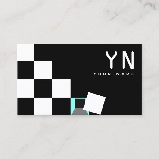 Carte De Visite Chessboard noir blanc Turquoise avec Monogramme et (Devant)