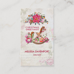 Carte De Visite Cheval rocheux victorien et Poinsettia Noël