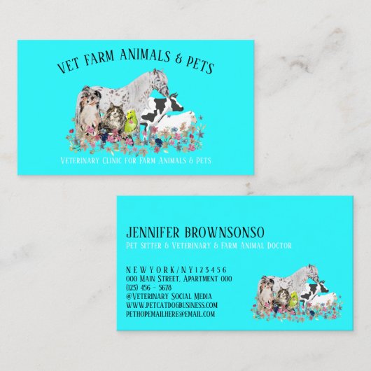 Carte De Visite Cheval turquoise Vache mouton Chien Chat Oiseau vé (Devant / Derrière)