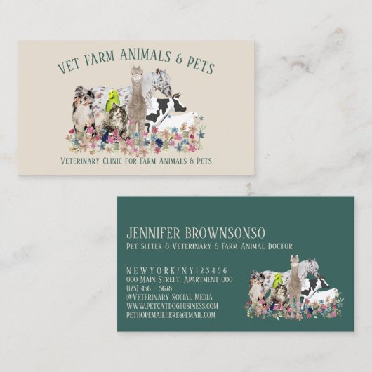 Carte De Visite Cheval Vache mouton Chien Chat Oiseau Alpaca Anima (Devant / Derrière)